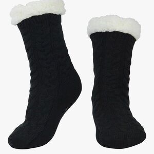 Cozy Black Knit Socks with White Fleece Lining Non Slip